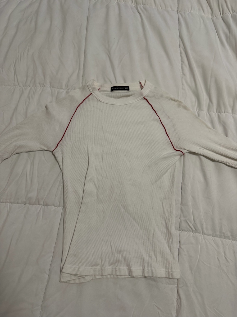 Brandy Melville White Long Sleeve Tee with Red Stitching